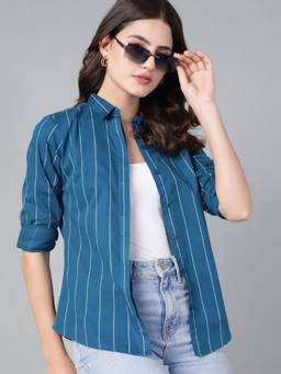 Hancock - Women Blue Striped Pure Cotton Slim Fit Formal Shirt
