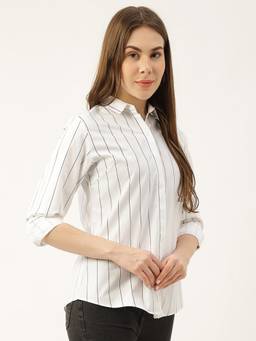 Hancock - Women White Stripes Pure Cotton Slim Fit Formal Shirt