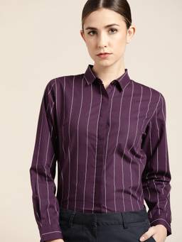 Hancock - Women Purple Striped Pure Cotton Slim Fit Formal Shirt