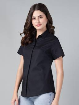 Hancock - Women Black Solid Pure Cotton Short Sleeve Slim Fit Casual Shirt