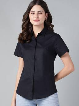 Hancock - Women Black Solid Pure Cotton Short Sleeve Slim Fit Casual Shirt