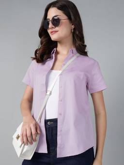Hancock - Women Lavender Solid Pure Cotton Short Sleeve Slim Fit Casual Shirt