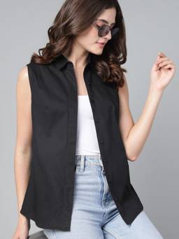 Hancock - Women Black Solid Sleeveless Pure Cotton Slim Fit Casual Shirt