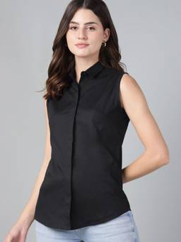 Hancock - Women Black Solid Sleeveless Pure Cotton Slim Fit Casual Shirt