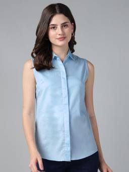 Hancock - Women Sky Blue Solid Sleeveless Pure Cotton Slim Fit Casual Shirt