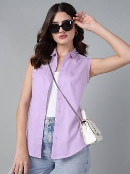 Hancock - Women Lavender Solid Sleeveless Pure Cotton Slim Fit Casual Shirt