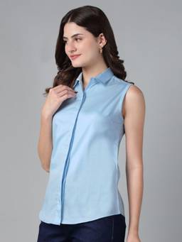 Hancock - Women Sky Blue Solid Sleeveless Pure Cotton Slim Fit Casual Shirt