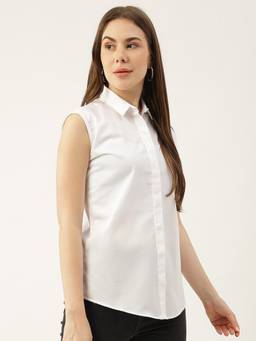 Hancock - Women White Solid Sleeveless Pure Cotton Slim Fit Casual Shirt