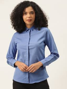 Hancock - Women Blue Solid Pure Cotton Slim Fit Formal Shirt