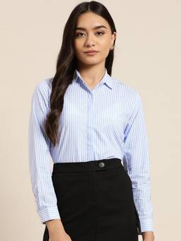 Hancock - Women Blue Stripes Pure Cotton Slim Fit Formal Shirt