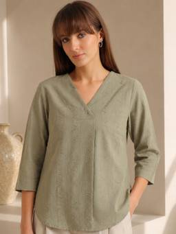 Hancock - Women Olive Self Design V-Neck Pleated Pure Cotton Top