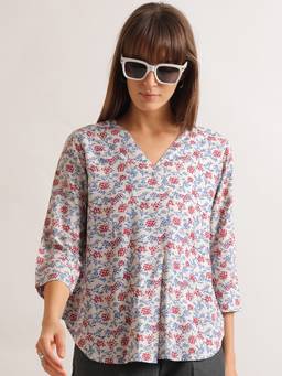 Hancock - Women White Floral Printed V-Neck Pleated Viscose Rayon Top