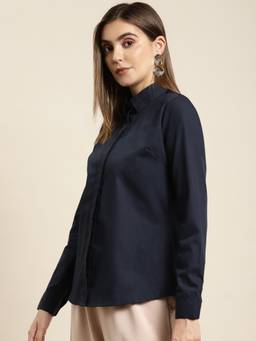 Hancock - Women Navy Blue Solid Pure Cotton Regular Fit Formal Shirt
