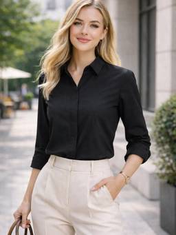 Hancock - Women Black Solid Pure Cotton Regular Fit Formal Shirt