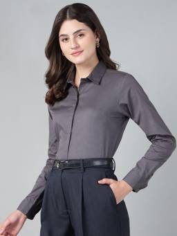 Hancock - Women Dark Grey Solid Pure Cotton Regular Fit Formal Shirt