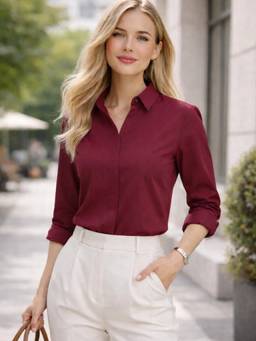 Hancock - Women Maroon Solid Pure Cotton Regular Fit Formal Shirt