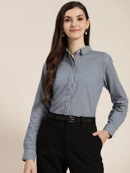 Hancock - Women Navy Blue Checked Pure Cotton Regular Fit Formal Shirt