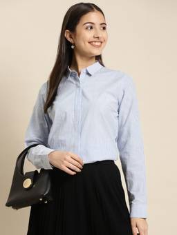Hancock - Women Blue Striped Pure Cotton Regular Fit Formal Shirt