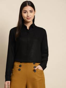 Hancock - Women Black Solid Viscose Rayon Regular Fit Formal Shirt
