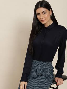 Hancock - Women Navy Blue Solid Viscose Rayon Regular Fit Formal Shirt