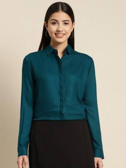 Hancock - Women Teal Solid Viscose Rayon Regular Fit Formal Shirt