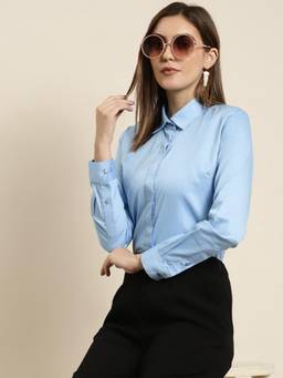 Hancock - Women Blue Solid Pure Cotton Satin Regular Fit Formal Shirt