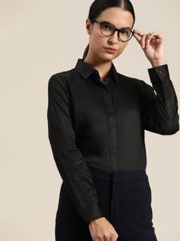 Hancock - Women Black Solid Pure Cotton Satin Regular Fit Formal Shirt