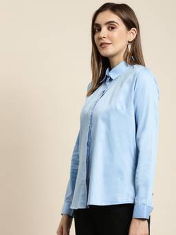 Hancock - Women Blue Solid Pure Cotton Satin Regular Fit Formal Shirt