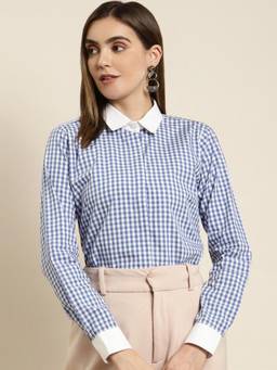 Hancock - Women Blue Checked Pure Cotton Regular Fit Formal Shirt