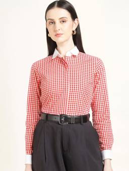 Hancock - Women Red & White Checked Regular Fit Pure Cotton Formal Shirt