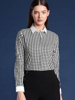Hancock - Women Black Gingham Checks Pure Cotton Bankers Formal Shirt