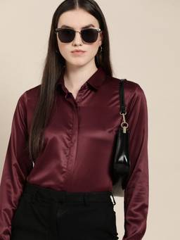 Hancock - Women Maroon Solid Satin Formal Shirt