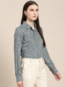 Hancock - Women Navy Blue Floral Print Viscose Rayon Formal Shirt