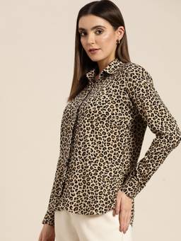 Hancock - Women Beige Leapord Print Viscose Rayon Casual Shirt