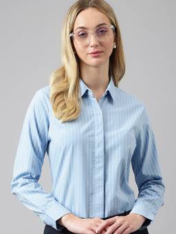 Hancock - Women Blue Stripes Pure Cotton Regular Fit Formal Shirt