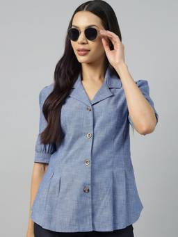 Hancock - Women Blue Pure Cotton Regular Fit Formal Shirt