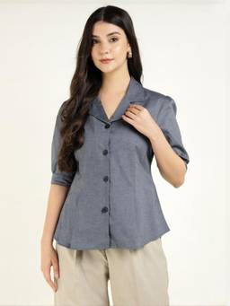 Hancock - Women Grey Pleated Oxford Weave Pure Cotton Formal Shirt