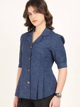 Hancock - Women Blue Pleated Chambray Pure Cotton Formal Shirt