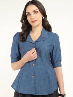 Hancock - Women Prussion Blue Regular Fit Pure Cotton Pleated Formal Shirt