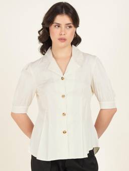Hancock - Women Cream Solid Pure Cotton Satin Pleated Formal Shirt