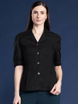 Hancock - Women Black Solid Pleated Pure Cotton Formal Shirt