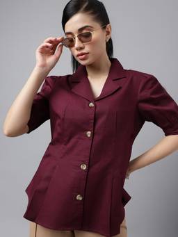 Hancock - Women Maroon Solid Pure Pleated Regular Fit Formal Shirt