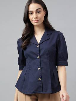 Hancock - Women Navy Blue Solid Pure Cotton Regular Fit Formal Shirt