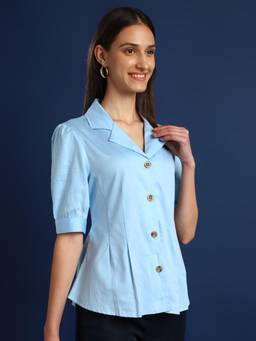 Hancock - Women Sky Blue Solid Pure Cotton Regular Fit Formal Shirt