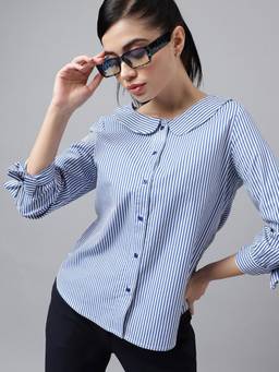 Hancock - Women Blue Pin Stripe Pure Cotton Regular Fit Formal Shirt