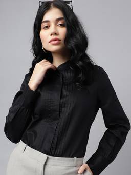 Hancock - Women Black Solid Pure Cotton Satin Pin Tuck Regular Fit Formal Shirt