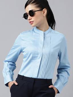 Hancock - Women Blue Solid Pure Cotton Satin Pin Tuck Regular Fit Formal Shirt