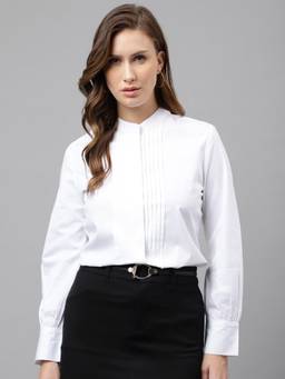 Hancock - Women White Solid Pintucked Pure Cotton Mandarin Collar Formal Shirt