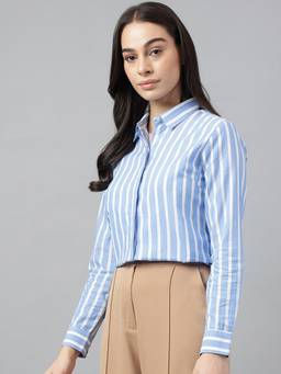 Hancock - Women Blue Stripes Viscose Rayon Regular Fit Formal Shirt