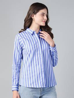 Hancock - Women Blue Stripes Viscose Rayon Regular Fit Formal Shirt